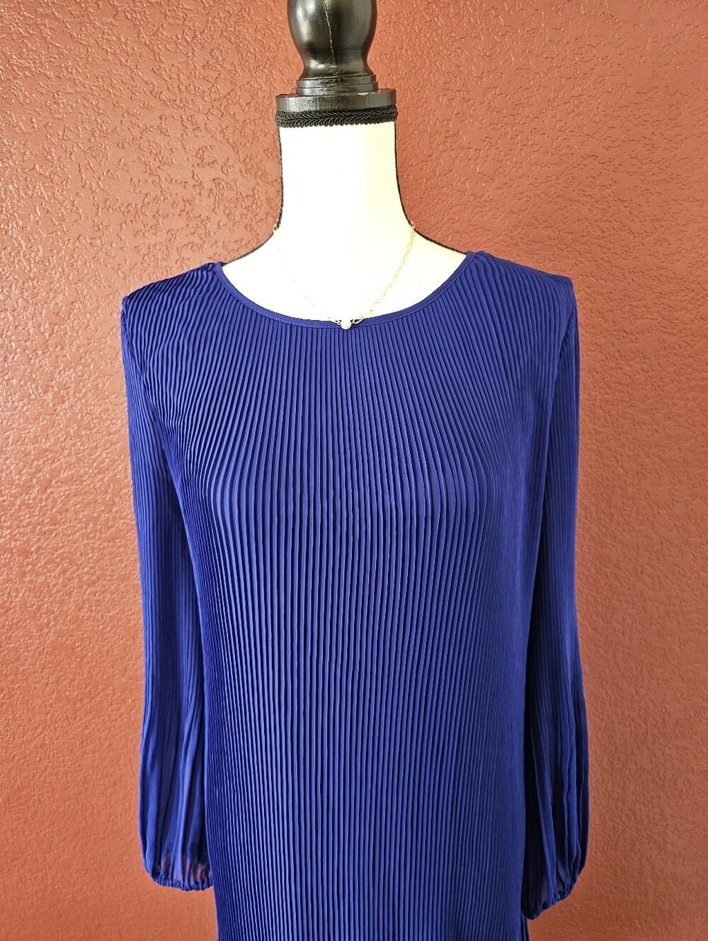 DKNY Cobalt Blue Pleated Long-Sleeve Shift Dress - Picture 3 of 11